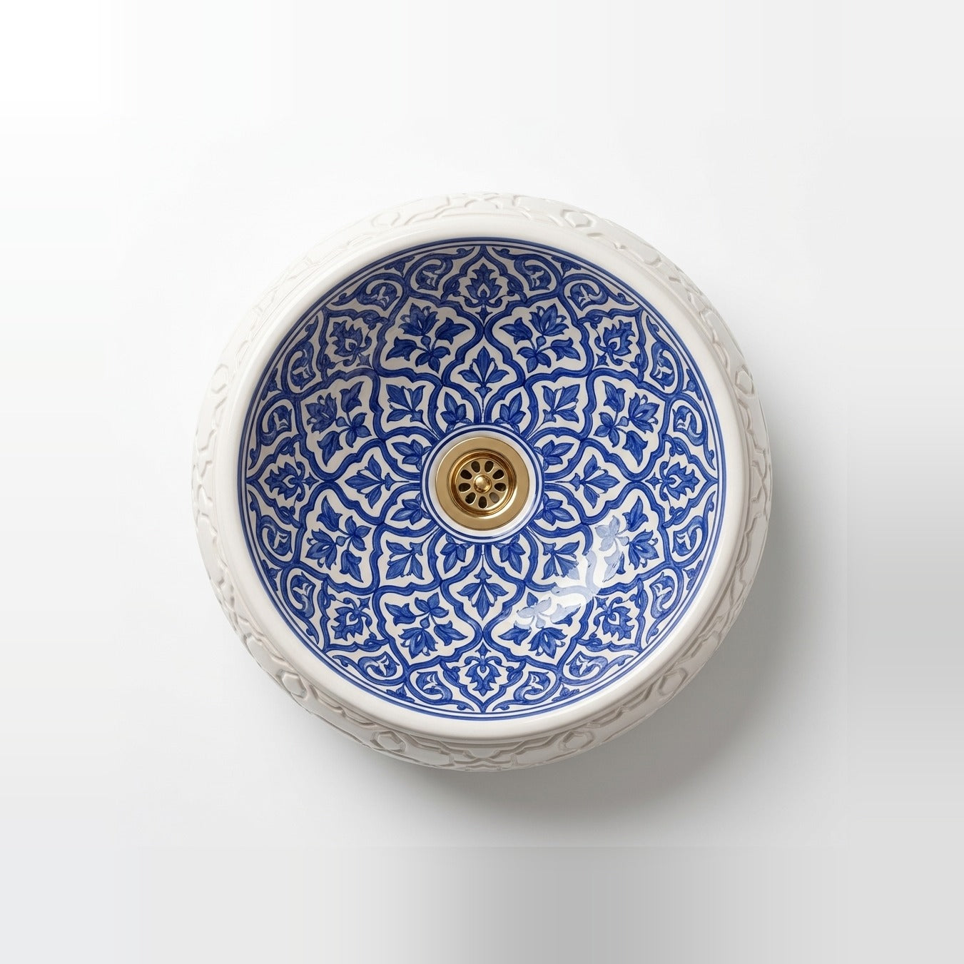 Azure Damask Emboss Moroccan ceramic vessel sink - embossed white exterior with azure damask trellis interior