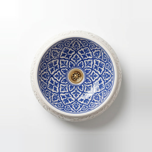 Azure Damask Emboss Moroccan ceramic vessel sink - embossed white exterior with azure damask trellis interior