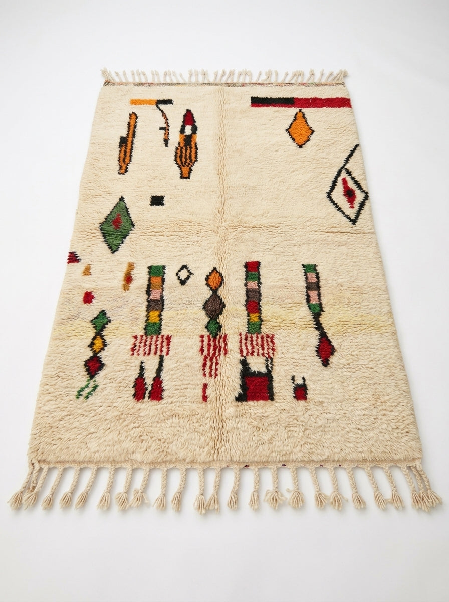 Harvest Symbols Beni Ourain rug full view at an angle on white studio background