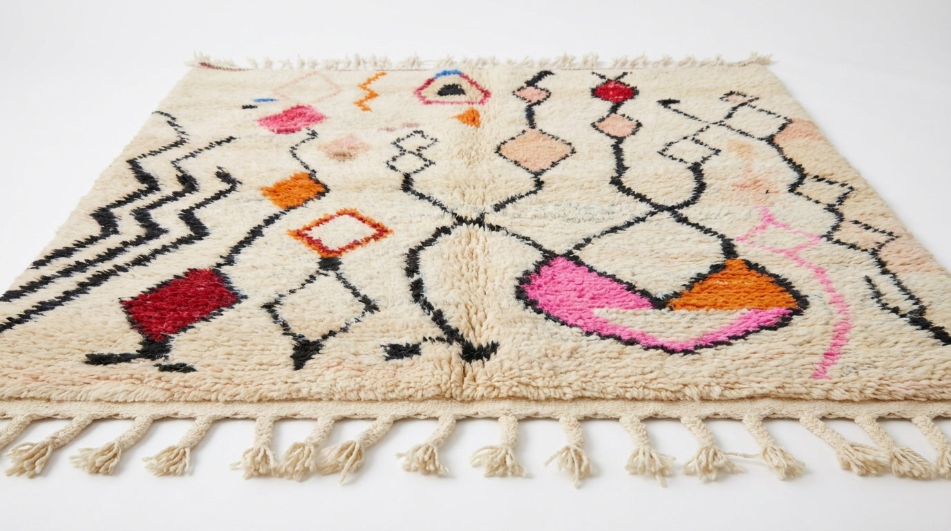 Zigzag Bloom Beni Ourain rug side view on white studio background