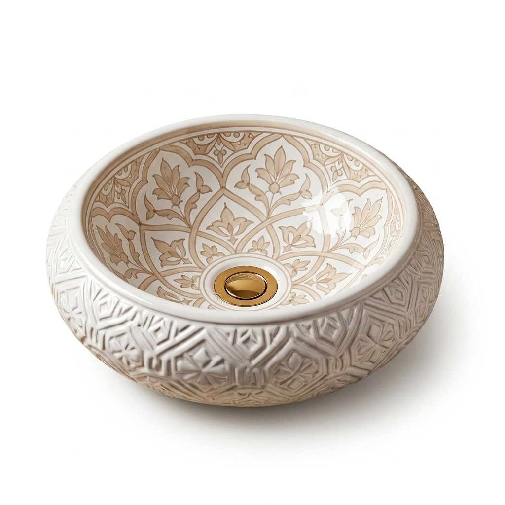 Beige Damask Dome Moroccan ceramic sink - angled view of damask interior