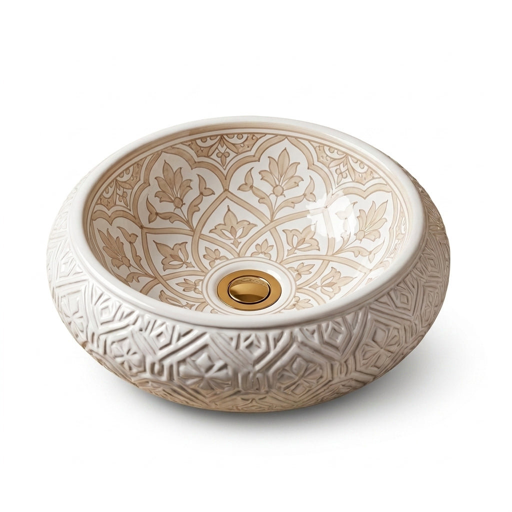 Beige Damask Dome Moroccan ceramic sink - side view of embossed dome