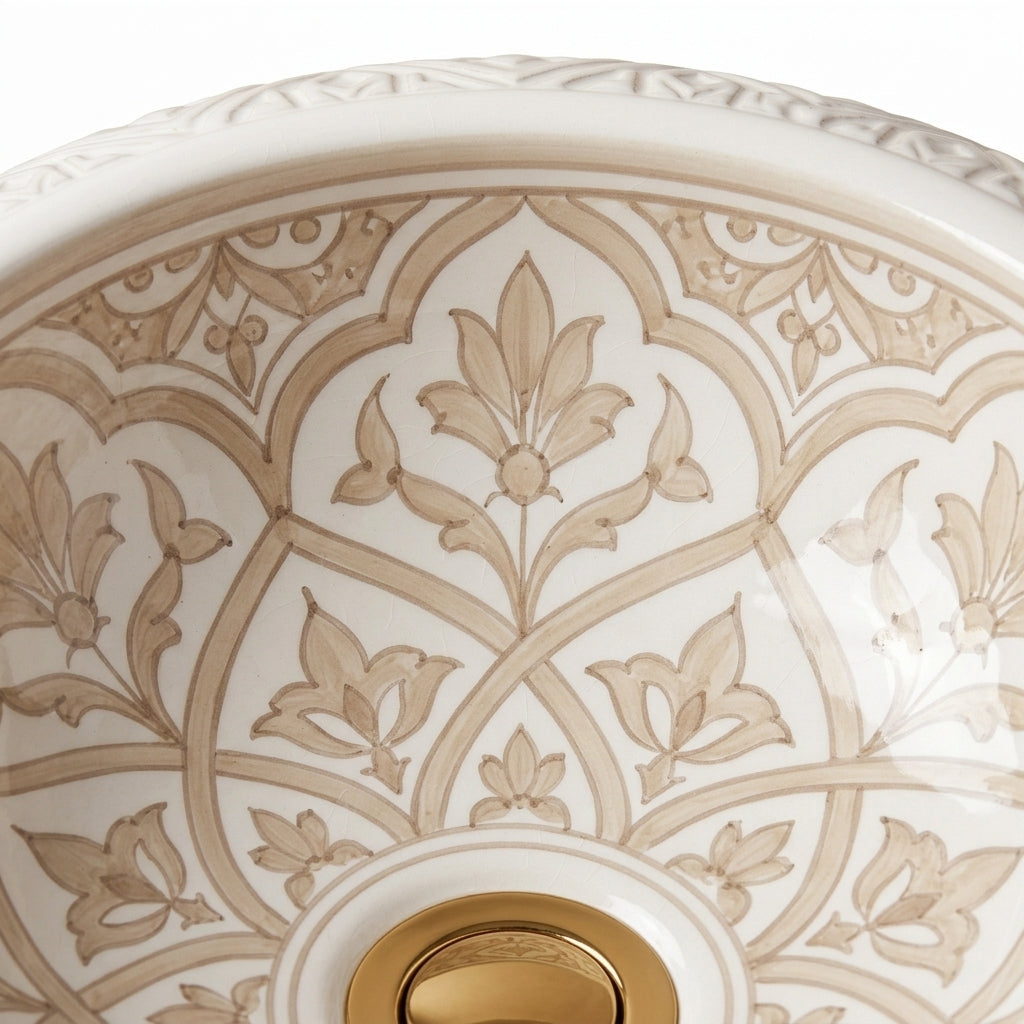 Beige Damask Dome Moroccan ceramic sink - close-up of carved emboss texture