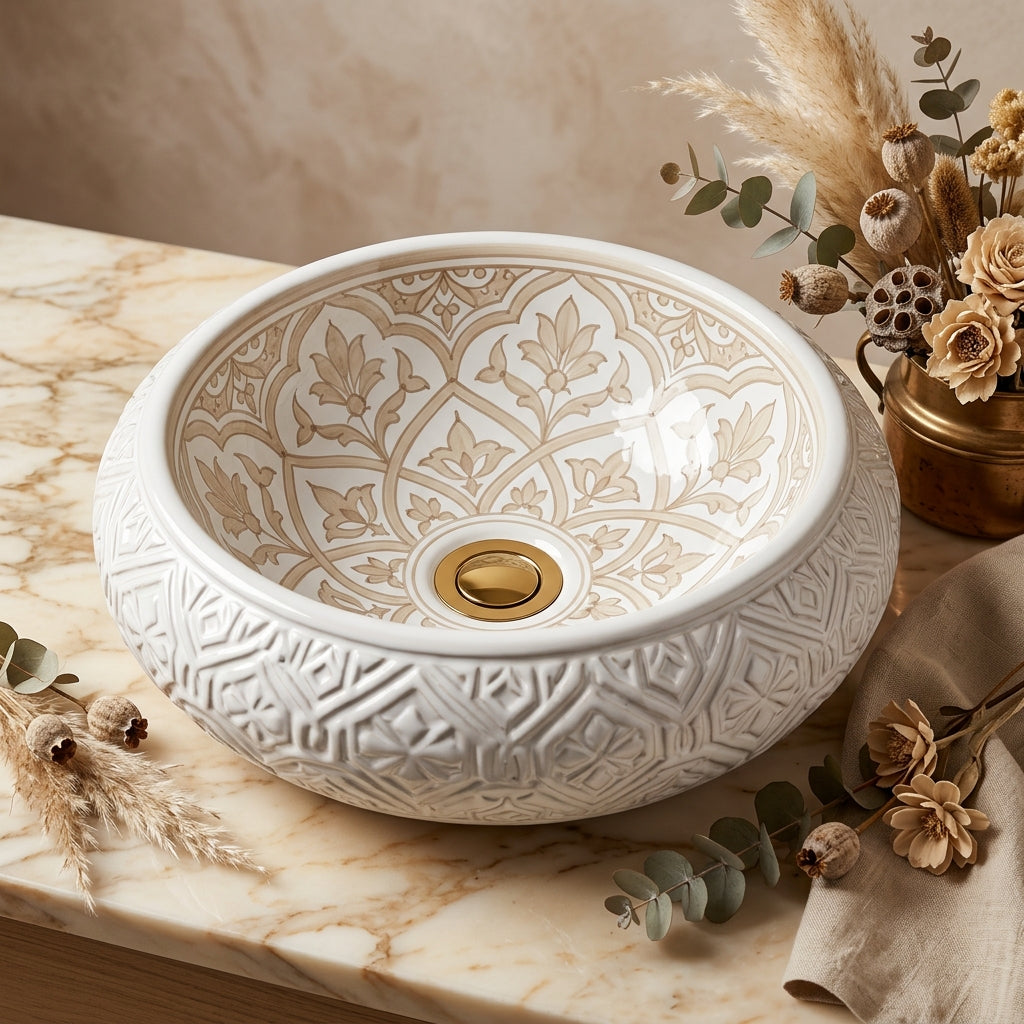 Beige Damask Dome Moroccan ceramic vessel sink on a marble counter