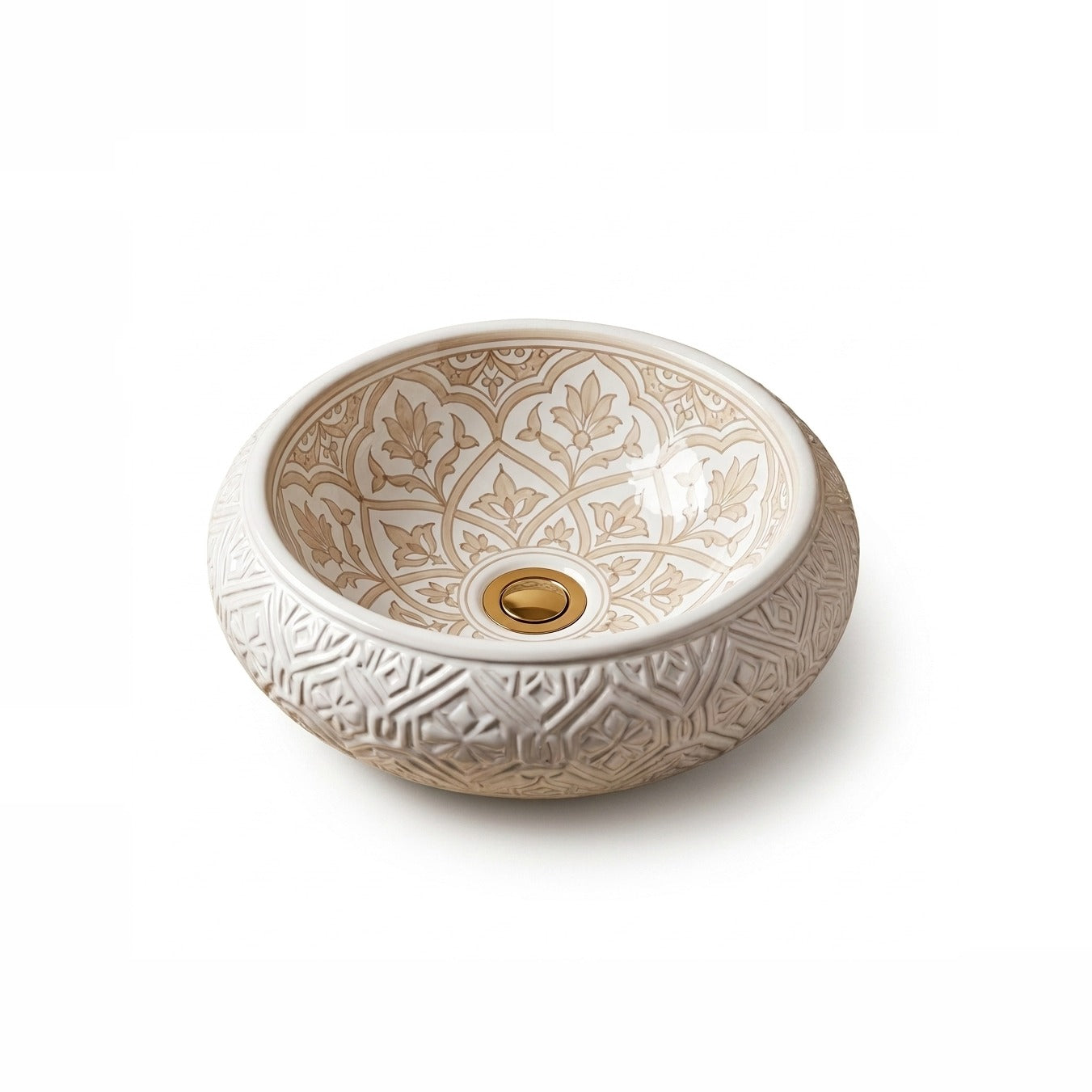 Beige Damask Dome Moroccan ceramic vessel sink - carved diamond emboss dome with tan floral damask interior