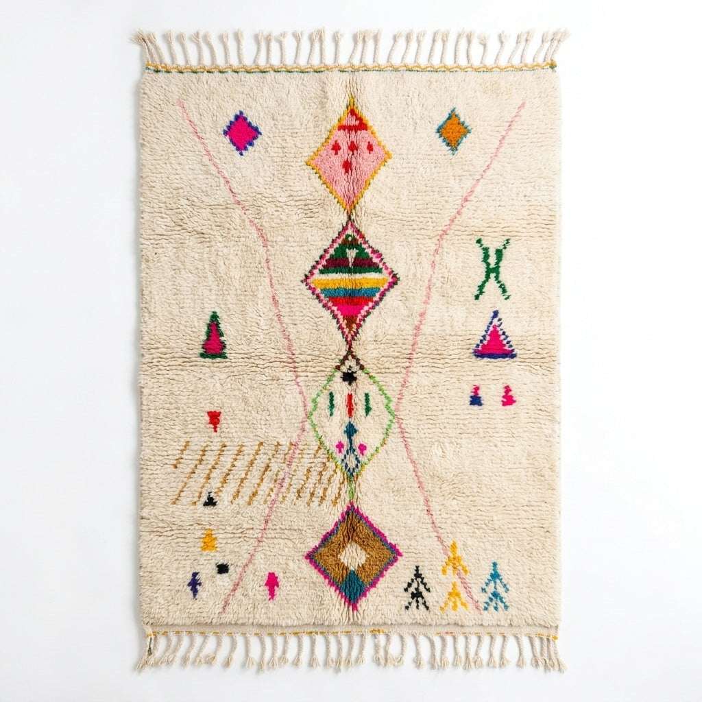Berber X Azilal rug, handwoven wool with central diamonds, crosses and small multicolor symbols, flat lay top view