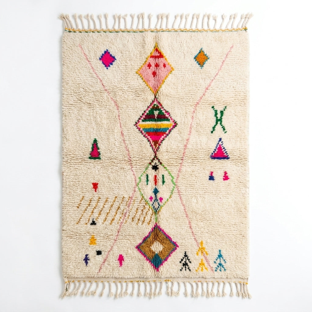 Berber X Azilal rug, handwoven wool with central diamonds, crosses and small multicolor symbols, flat lay top view