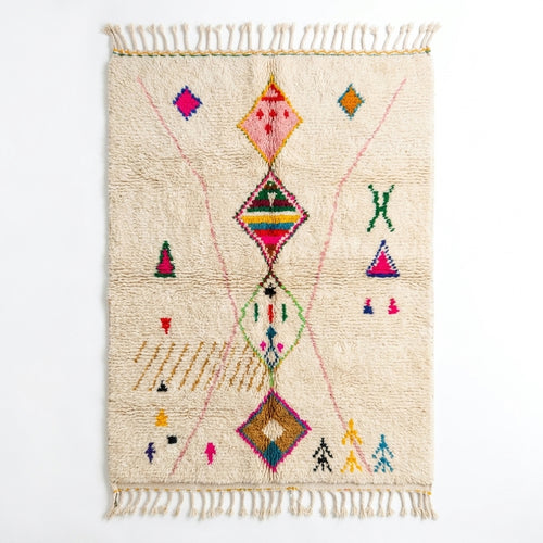 Berber X Azilal rug, handwoven wool with central diamonds, crosses and small multicolor symbols, flat lay top view