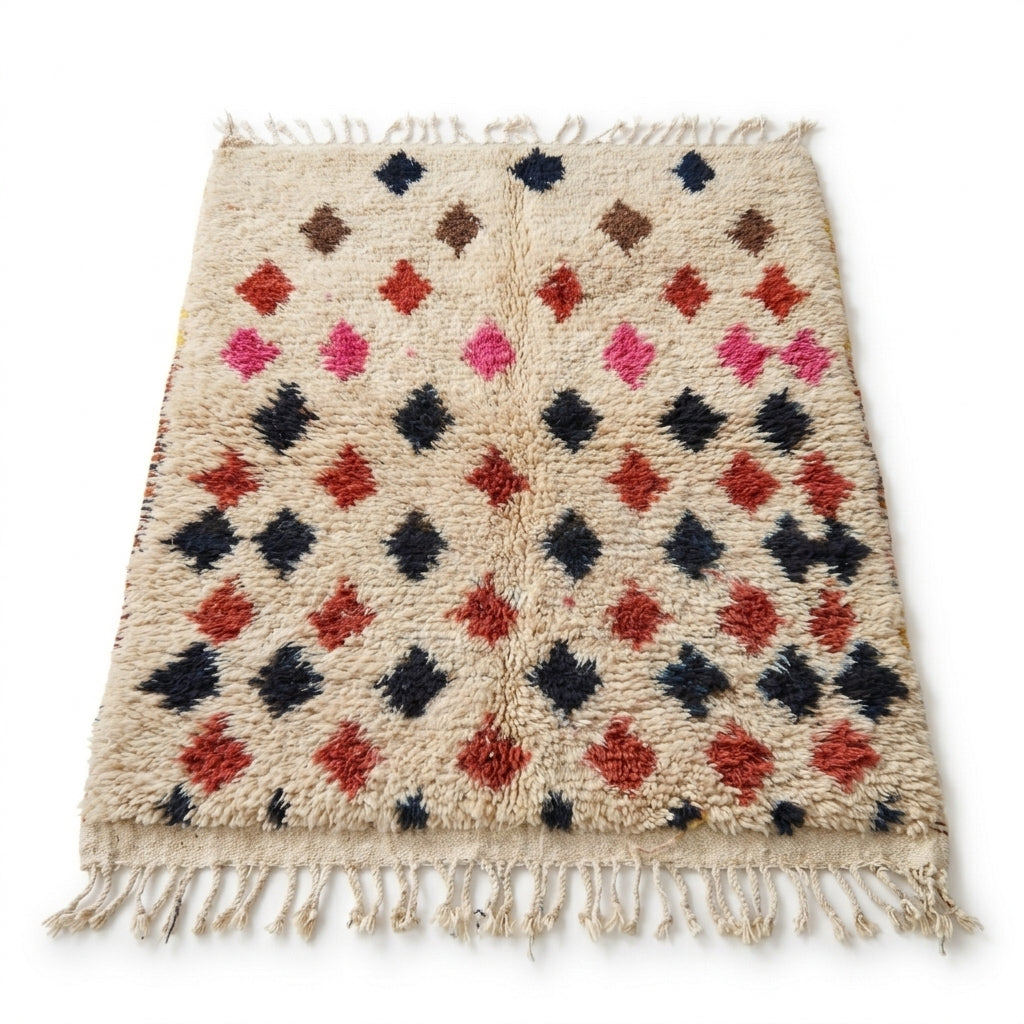 Berry Diamond Azilal rug, handwoven wool with scattered pink, red and navy diamonds, flat lay top view