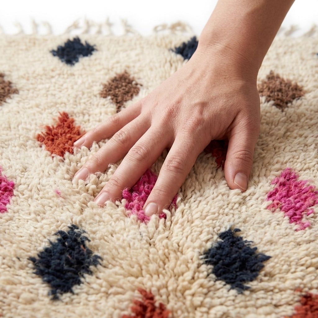 Berry Diamond Azilal rug — hand resting on the soft wool pile