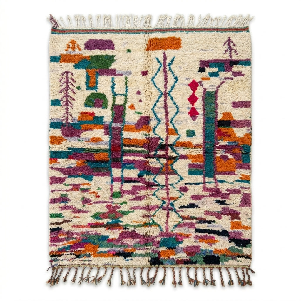 Authentic Boujaad rug — colorful Berber motifs in purple, orange and teal on ivory wool, flat lay