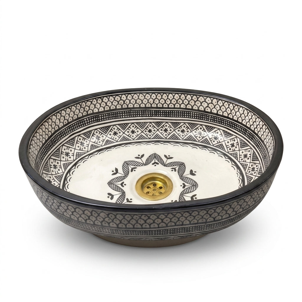 Black and Ivory Fassi Moroccan ceramic sink - top view of black and white interior