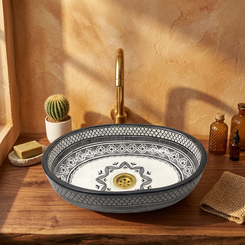 Black and Ivory Fassi Moroccan ceramic vessel sink styled on a bathroom counter in a Moroccan-inspired setting