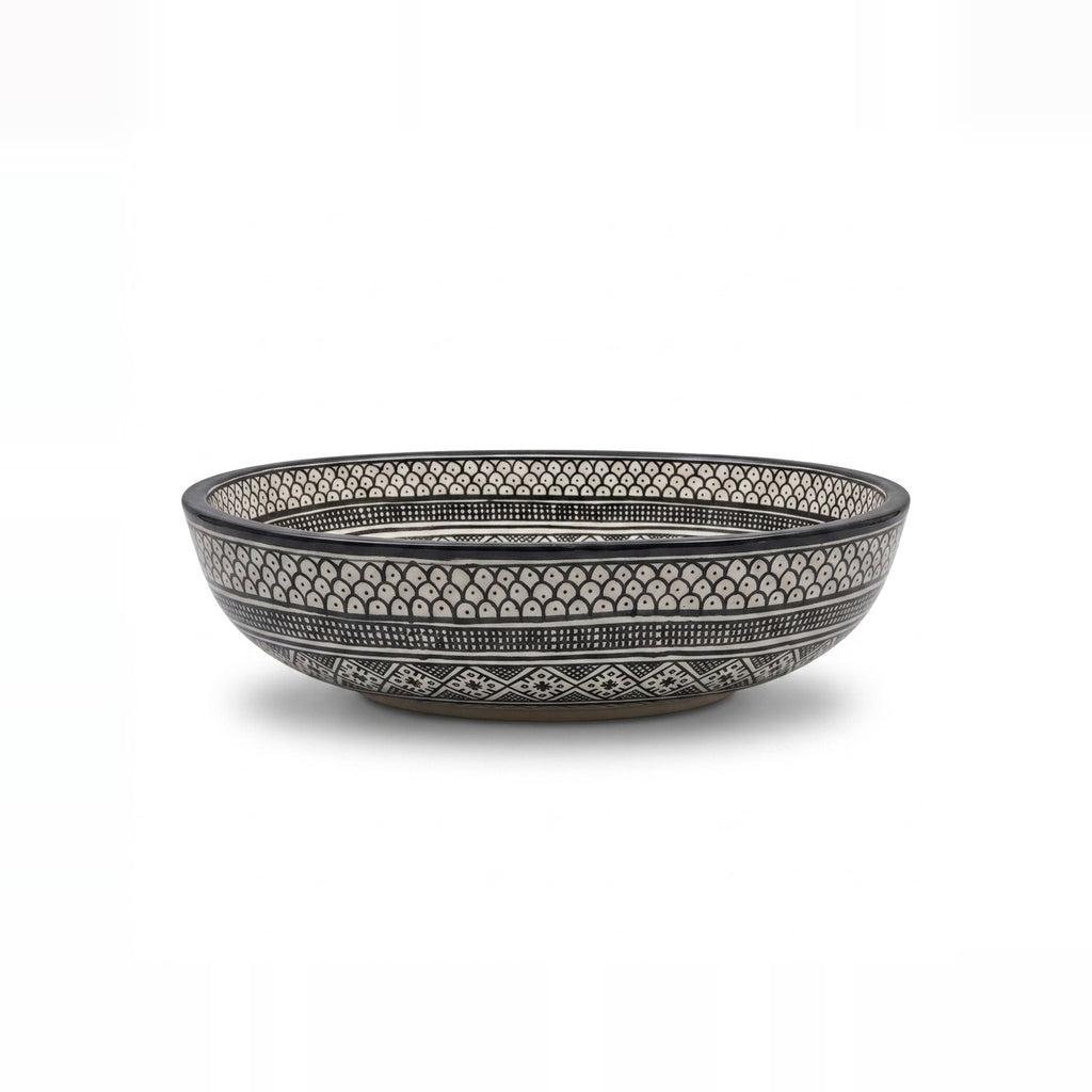 Black and Ivory Fassi Moroccan ceramic vessel sink - monochrome fish-scale and diamond bands with black rim