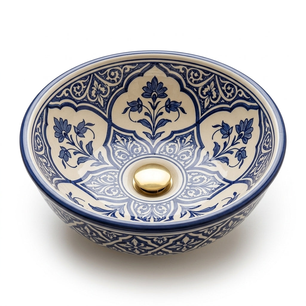 Blue and Cream Arabesque Moroccan ceramic sink - studio view