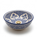 Blue and Cream Arabesque Moroccan ceramic sink - side profile view