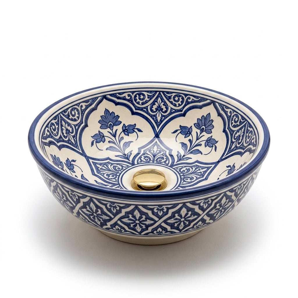 Blue and Cream Arabesque Moroccan ceramic sink - side profile view