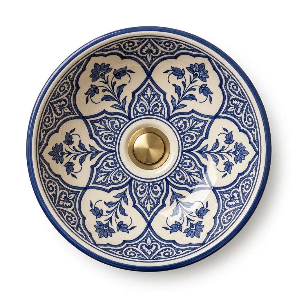 Blue and Cream Arabesque Moroccan ceramic sink - top-down view