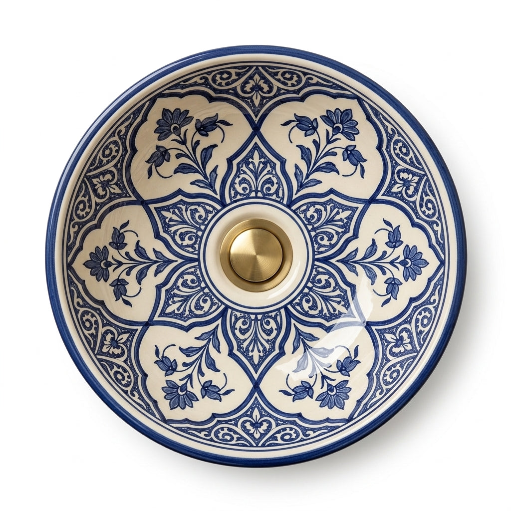 Blue and Cream Arabesque Moroccan ceramic sink - top-down view