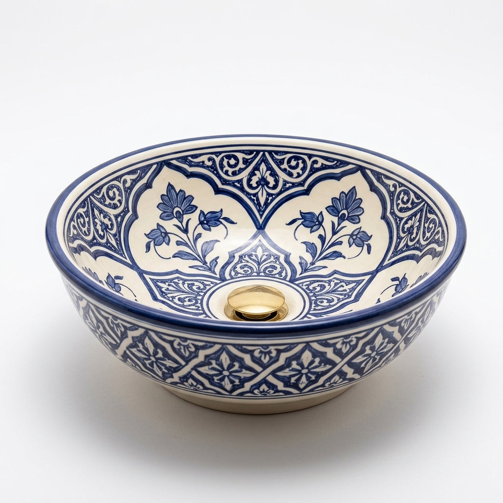 Blue and Cream Arabesque Moroccan ceramic sink - angled studio view