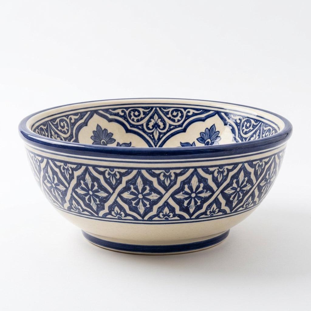 Blue and Cream Arabesque Moroccan ceramic sink - white background view