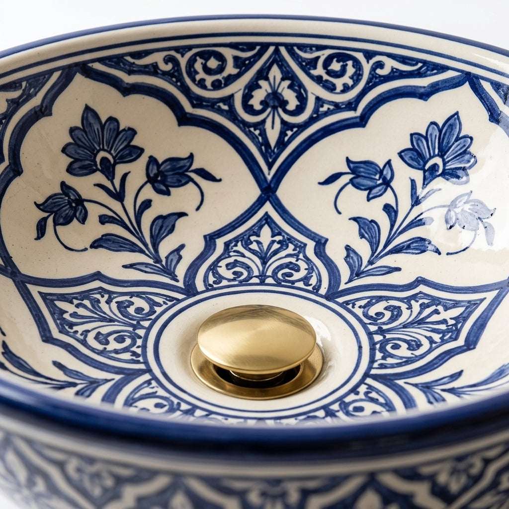 Blue and Cream Arabesque Moroccan ceramic sink - close-up of arabesque detail
