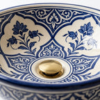 Blue and Cream Arabesque Moroccan ceramic sink - close-up of arabesque detail