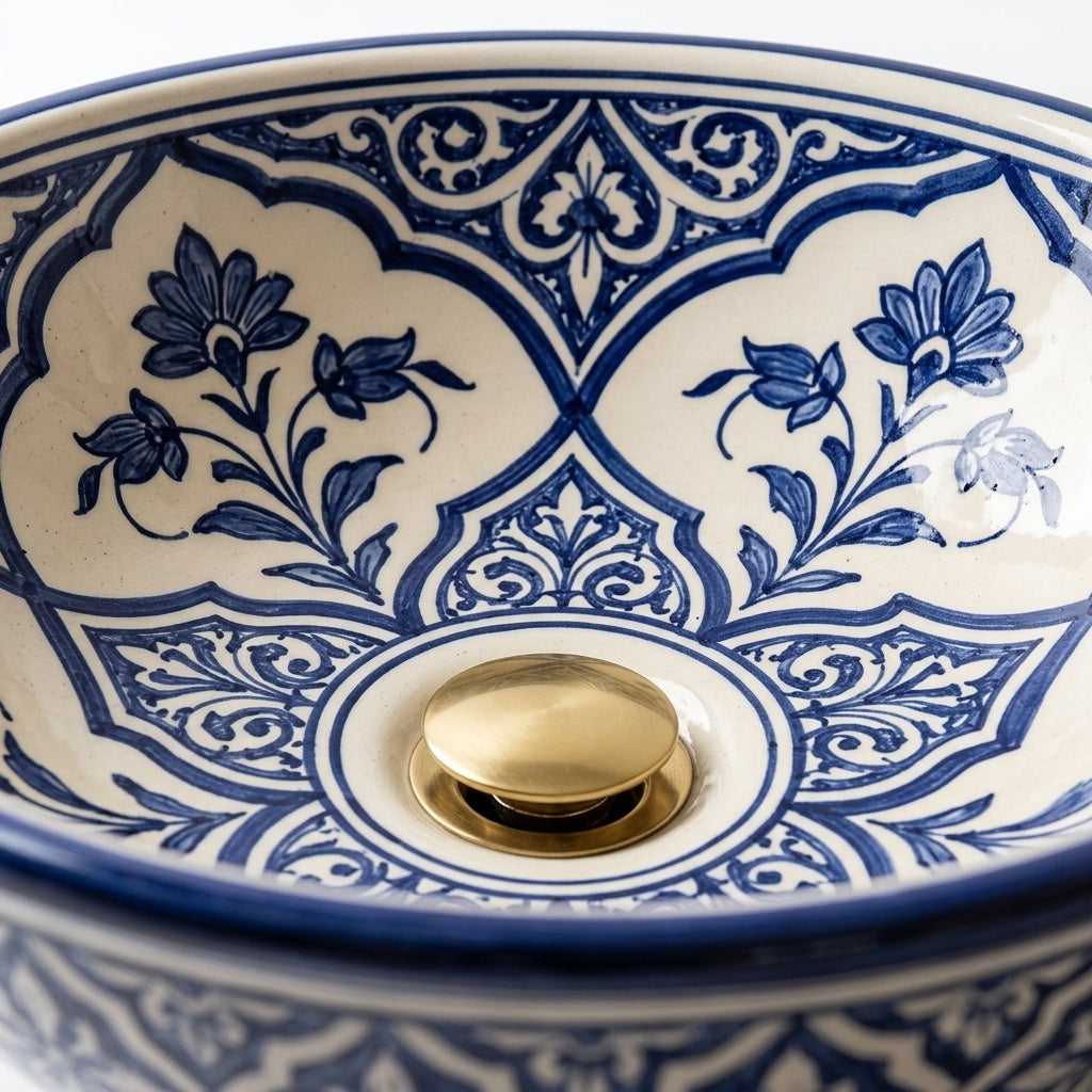 Blue and Cream Arabesque Moroccan ceramic sink - close-up of arabesque detail