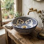 Blue and Cream Arabesque Moroccan ceramic vessel sink on a marble counter