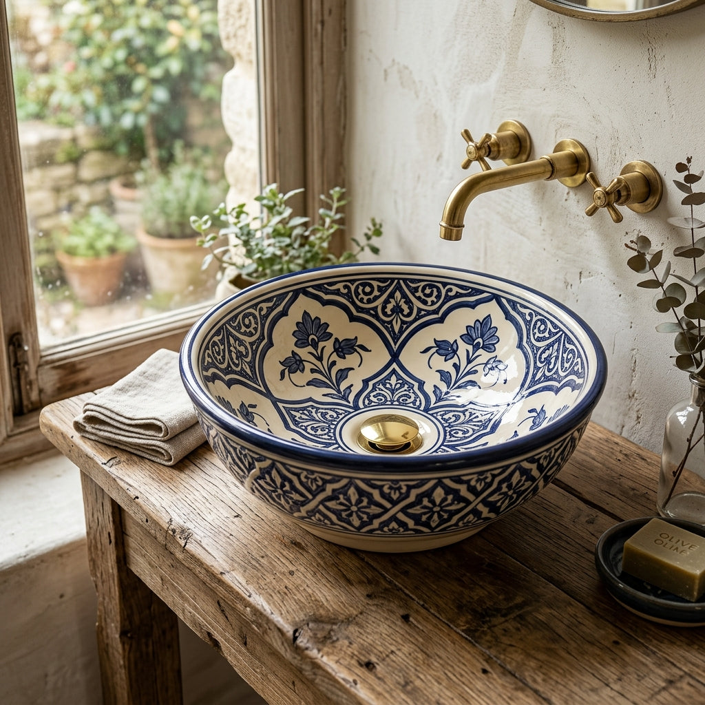 Blue and Cream Arabesque Moroccan ceramic vessel sink on a marble counter
