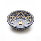 Blue and Cream Arabesque Moroccan ceramic vessel sink - cobalt lobed panels with flower sprays and gold drain