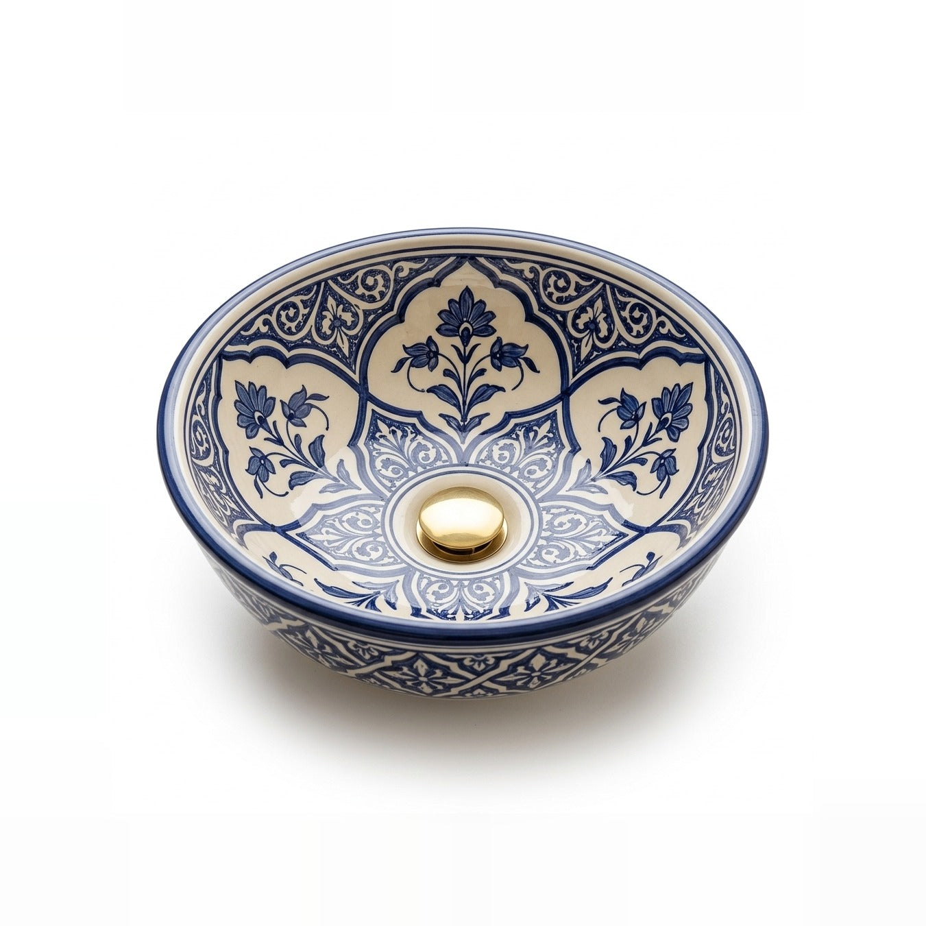 Blue and Cream Arabesque Moroccan ceramic vessel sink - cobalt lobed panels with flower sprays and gold drain