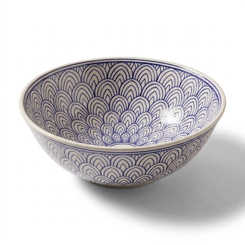 Blue Fan Arches Moroccan ceramic sink - angled view of fan pattern