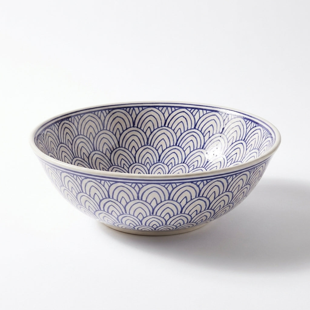 Blue Fan Arches Moroccan ceramic sink - top view of arched line-work