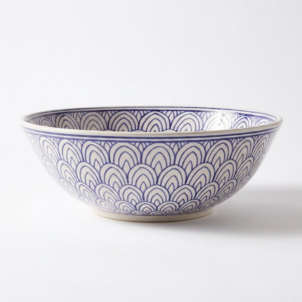 Blue Fan Arches Moroccan ceramic sink - close-up of indigo fans