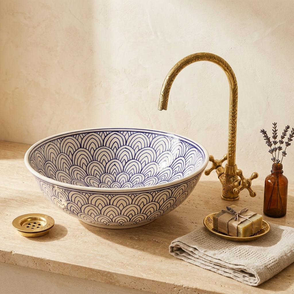 Blue Fan Arches Moroccan ceramic vessel sink styled on a bathroom counter in a Moroccan-inspired setting