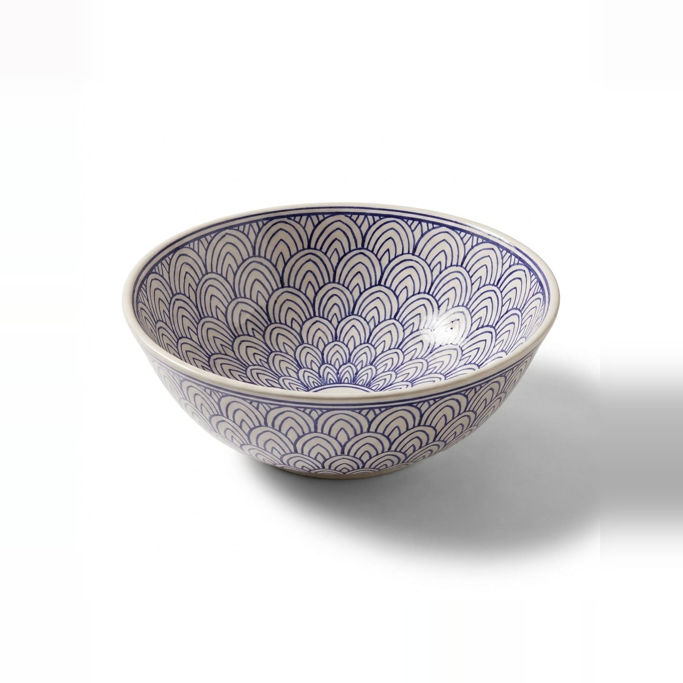 Blue Fan Arches Moroccan ceramic vessel sink - indigo line fans on cream inside and out