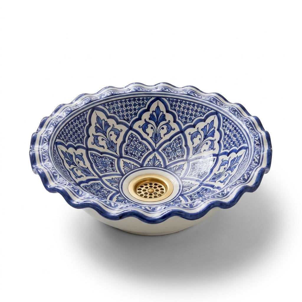 Blue Lotus Wave Moroccan ceramic sink - angled view of lotus medallion