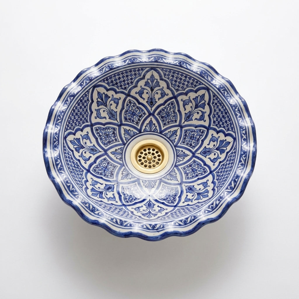 Blue Lotus Wave Moroccan ceramic sink - side view of wave rim