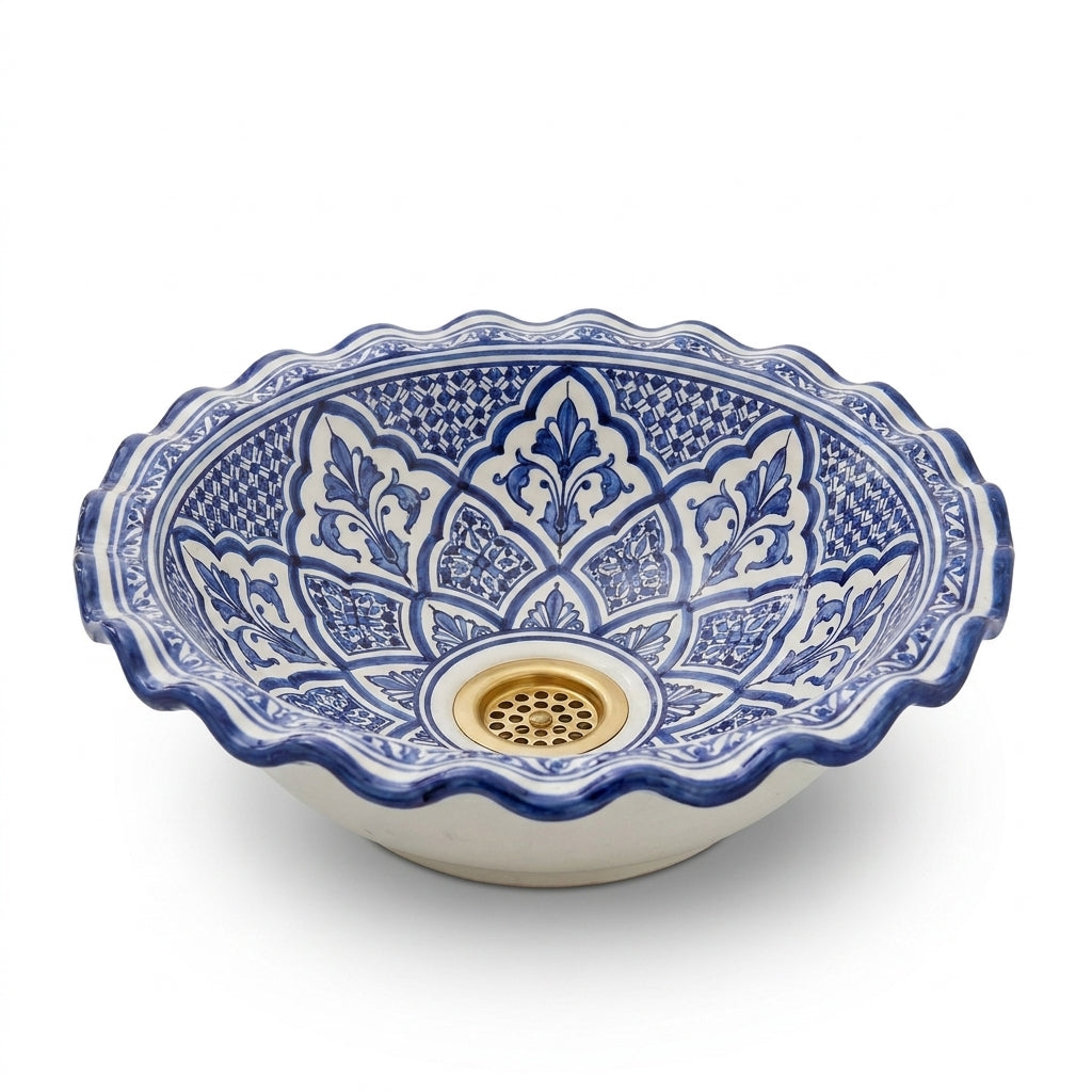 Blue Lotus Wave Moroccan ceramic sink - close-up of blue and white painting