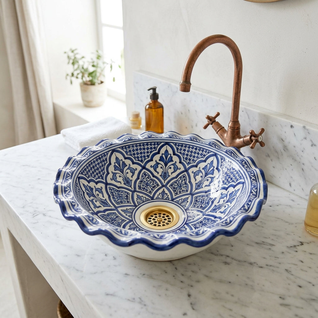 Blue Lotus Wave Moroccan ceramic vessel sink - full view