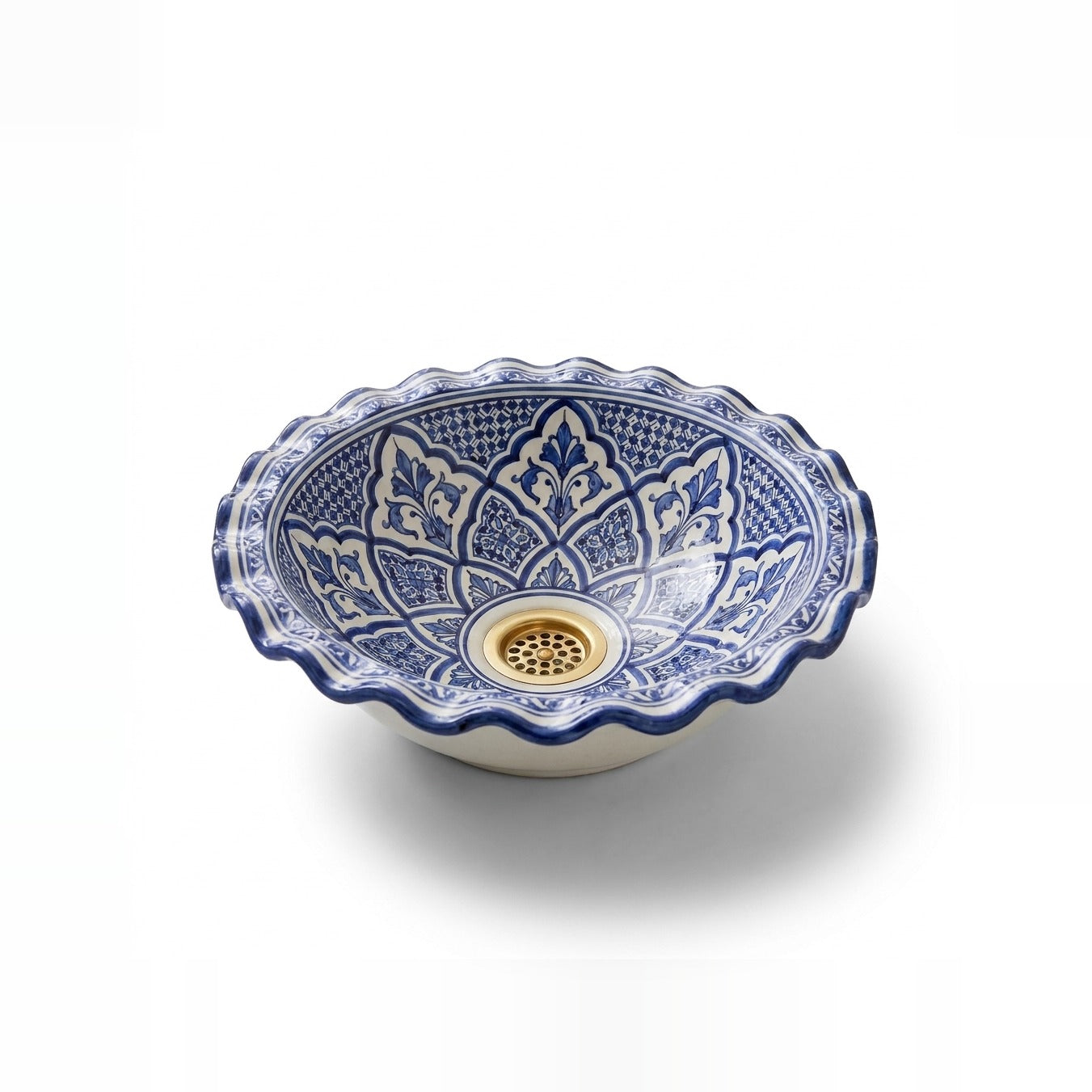 Blue Lotus Wave Moroccan ceramic vessel sink - scalloped wave rim with cobalt lotus petal medallion