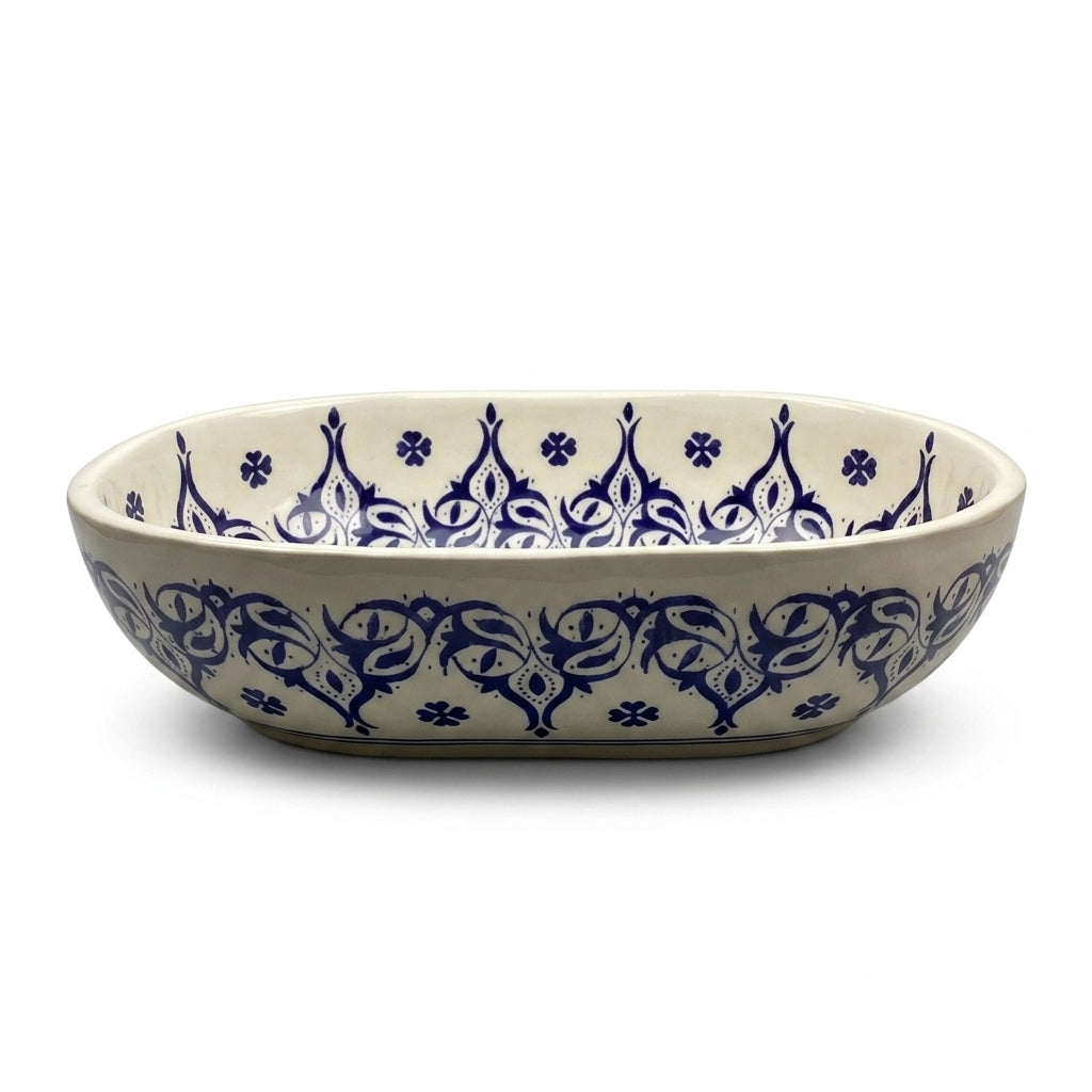 Blue Palmette White Moroccan ceramic sink - side angle of white and blue basin
