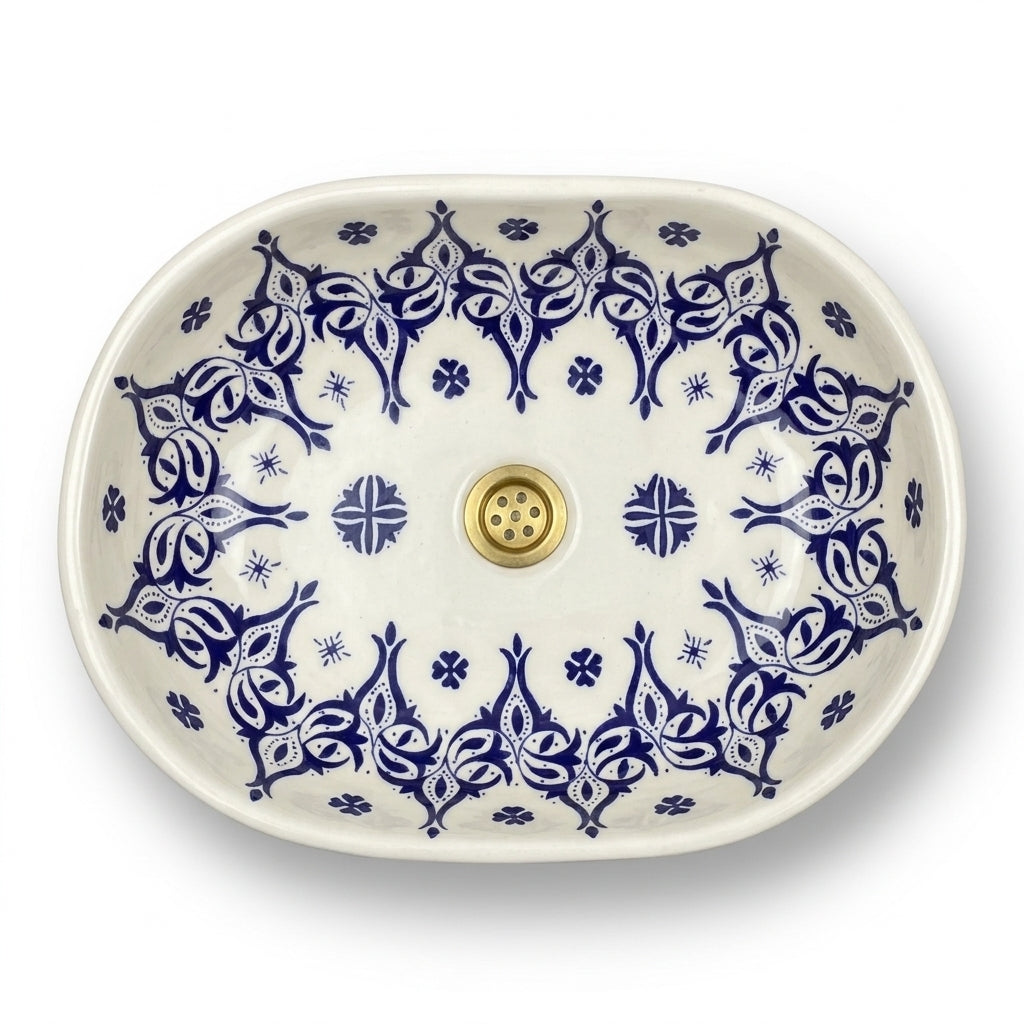 Blue Palmette White Moroccan ceramic sink - top view showing central medallion