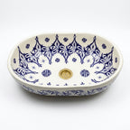 Blue Palmette White Moroccan ceramic sink - angled view of oval basin