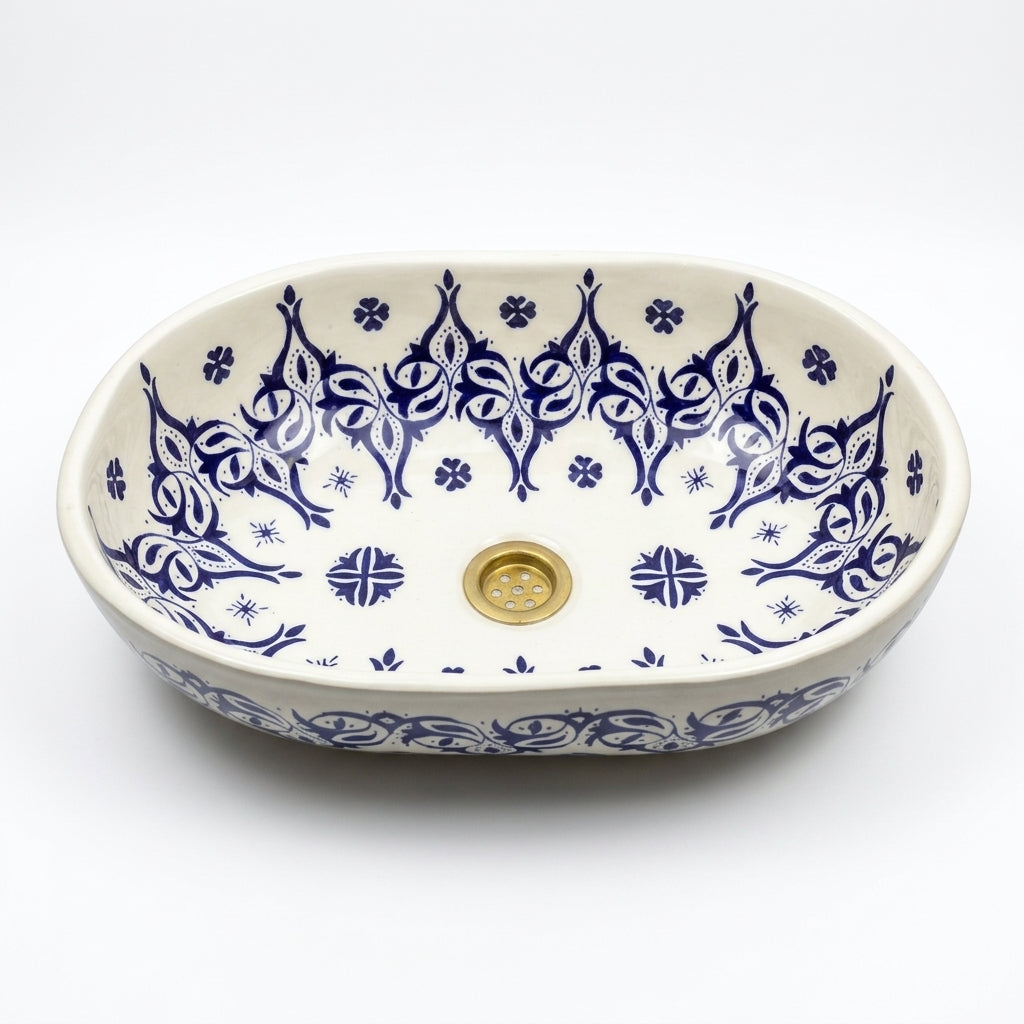 Blue Palmette White Moroccan ceramic sink - angled view of oval basin