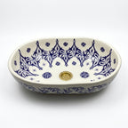 Blue Palmette White Moroccan ceramic sink - close-up of blue palmette hand-painting