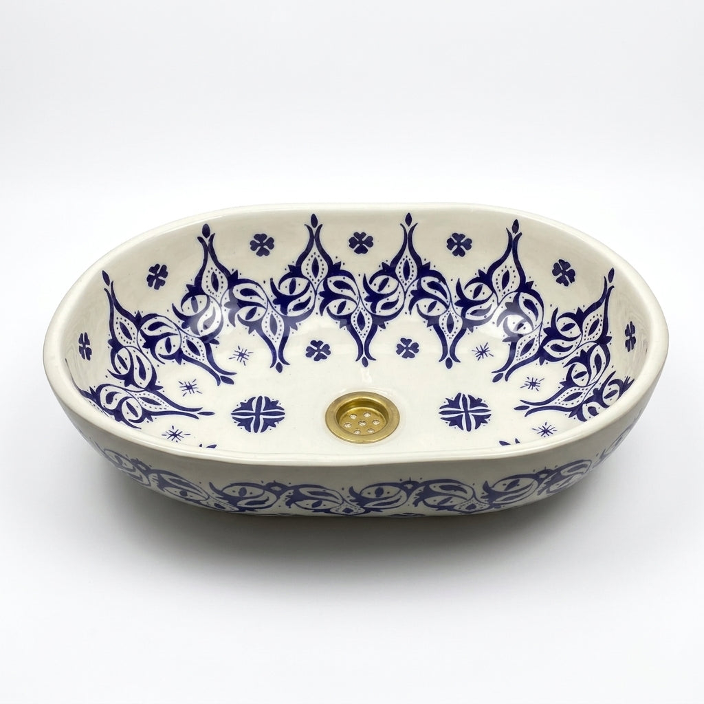 Blue Palmette White Moroccan ceramic sink - close-up of blue palmette hand-painting
