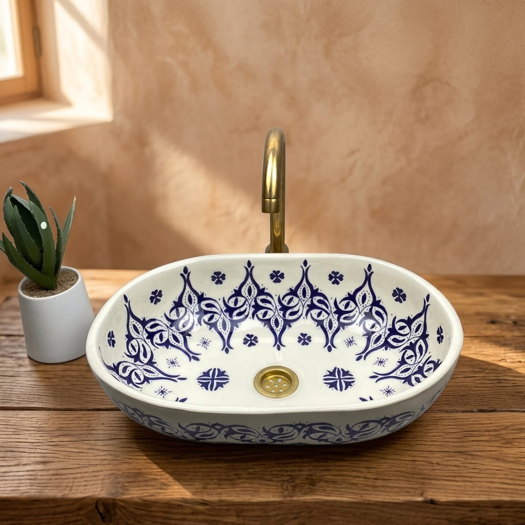 Blue Palmette White Moroccan ceramic vessel sink styled on a bathroom counter in a Moroccan-inspired setting