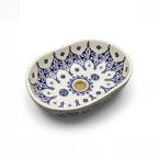 Blue Palmette White Moroccan ceramic vessel sink - white basin with delicate blue palmette motifs and brass drain